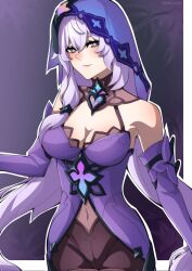 Rule 34 | 1girl, bare shoulders, black swan (honkai: star rail), breasts, cleavage, commentary request, covered navel, elbow gloves, gloves, grey eyes, highres, honkai: star rail, honkai (series), long hair, looking at viewer, medium breasts, purple hair, remi (ramiillion), smile, solo, upper body, veil, very long hair
