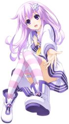 Rule 34 | 10s, 1girl, :d, ankle boots, boots, d-pad, dress, full body, hair ornament, hairpin, head tilt, long hair, long sleeves, nepgear, neptune (series), open mouth, purple eyes, purple hair, sailor dress, simple background, sitting, smile, solo, striped clothes, striped thighhighs, tareme, thighhighs, thighs, transparent background, white background, zettai ryouiki