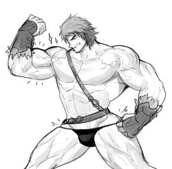 Rule 34 | 1boy, abs, bara, cowboy shot, fate/grand order, fate (series), flexing, greyscale, hunterkay, large pectorals, male focus, male underwear, monochrome, muscular, orion (bear) (fate), pectorals, smile, solo, super orion (fate), thick eyebrows, thighs, underwear, upper body, vambraces