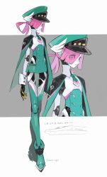Rule 34 | 1girl, android, arms at sides, cloak, commentary, eyes visible through hair, flat chest, full body, hat, highres, humanoid robot, joints, locomotive, maio (space jct), multicolored necktie, necktie, original, peaked cap, pink hair, robot, robot joints, signature, solo, symbol-only commentary, train, zoom layer