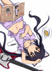 Rule 34 | 00s, 1girl, :&lt;, animal ears, black hair, book, brown eyes, cat ears, digital media player, earbuds, earphones, eatbara, fish, food, guitar, highres, instrument, k-on!, long hair, lying, magazine (object), midriff, mustang (guitar), nakano azusa, navel, no nose, on back, pajamas, pout, product placement, solo, taiyaki, twintails, upside-down, wagashi