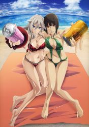 Rule 34 | 10s, 2girls, alisa ilinichina amiella, barefoot, beach, bikini, blue eyes, breasts, brown hair, can, cleavage, cloud, cloudy sky, drink can, feet, god eater, highres, large breasts, long hair, looking at viewer, multiple girls, namco, navel, offering drink, official art, red eyes, sand, short hair, sideboob, sky, smile, soda can, swimsuit, tachibana sakuya (god eater), toes, towel, water, white hair