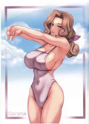 Rule 34 | 1girl, absurdres, arms up, bare shoulders, breasts, brown hair, cloud, collarbone, covered navel, creatures (company), game freak, hands up, highleg, highleg swimsuit, highres, interlocked fingers, large breasts, lips, long hair, looking at viewer, low-tied long hair, medium breasts, nintendo, one-piece swimsuit, palina (pokemon), parted bangs, parted lips, pokemon, pokemon legends: arceus, purple eyes, scan, simple background, sky, solo, swimsuit, takecha, thighs