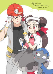 Rule 34 | 1boy, 1girl, adjusting eyewear, black-framed eyewear, black shirt, brown hair, commentary request, creatures (company), dated, dirty, dirty face, dress, game freak, glasses, gloves, goggles, goggles on head, grey dress, grey jacket, grey pants, gym leader, hair ribbon, hair rings, helmet, holding, jacket, nibo (att 130), nintendo, open mouth, orange headwear, pants, pantyhose, pokemon, pokemon (creature), pokemon dppt, pokemon oras, ribbon, roark (pokemon), roxanne (pokemon), shirt, short sleeves, translation request, twintails, white gloves, white shirt