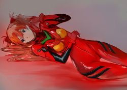 Rule 34 | 1girl, absurdres, artist request, blue eyes, bodysuit, breasts, brown hair, curvy, evangelion: 2.0 you can (not) advance, hair ornament, highres, interface headset, long hair, looking at viewer, looking down, lying, neon genesis evangelion, plugsuit, rebuild of evangelion, red bodysuit, shiny clothes, simple background, solo, souryuu asuka langley, wide hips