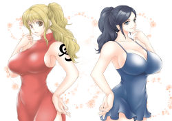 Rule 34 | 2girls, bare arms, bare shoulders, black hair, blonde hair, blue dress, blue eyes, breasts, brown eyes, chikaburo, cleavage, dress, large breasts, long hair, multiple girls, nami (one piece), nico robin, one piece, ponytail, red dress, sideboob, smile, standing, tattoo, tight clothes, worried