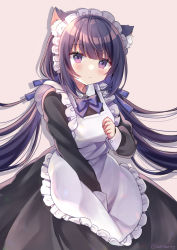 Rule 34 | 1girl, absurdres, animal ears, apron, black dress, black hair, blue ribbon, blush, bow, breasts, brown background, cat ears, closed mouth, collared dress, commentary request, dress, frilled apron, frills, hair ribbon, highres, long hair, long sleeves, looking at viewer, low twintails, maid, maid apron, maid headdress, medium breasts, minami saki, original, purple bow, purple eyes, ribbon, simple background, solo, twintails, very long hair, white apron