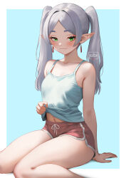 1girl absurdres alternate_costume arm_support artist_name bare_arms bare_shoulders blue_background blush border breasts camisole closed_mouth clothes_lift dolphin_shorts earrings elf female_focus frieren green_eyes grey_hair highres jewelry lifting_own_clothes long_hair long_pointy_ears looking_at_viewer midriff midriff_peek navel navel_peek outside_border parted_bangs petite pink_shorts pointy_ears regiana_(jubi) shirt_lift short_shorts shorts sidelocks sitting small_breasts smug solo sousou_no_frieren thick_eyebrows thighs twintails white_border white_camisole