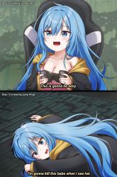 Rule 34 | 1girl, absurdres, black jacket, blue eyes, blue hair, breasts, chair, cleavage, controller, elie wayne, english text, game controller, gaming chair, highres, jacket, jan azure, large breasts, lying, meme, on stomach, open mouth, original, pink tank top, smile, solo, strap slip, swivel chair, tank top