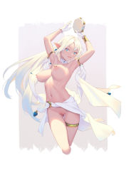 Rule 34 | 1girl, armlet, arms up, bigrbear, blue eyes, bouncing breasts, bracelet, breasts, choker, cleft of venus, cropped legs, dancer, earrings, gloves, highres, holding, holding instrument, instrument, jewelry, long hair, looking at viewer, medium breasts, navel, nipple piercing, nipples, open mouth, original, piercing, pointy ears, pussy, revealing clothes, sarong, simple background, solo, tambourine, thighlet, uncensored, white choker, white gloves, white hair