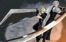 Rule 34 | 2boys, armor, back-to-back, baggy pants, black coat, black gloves, blonde hair, boots, buster sword, cloud strife, coat, commentary request, fighting stance, final fantasy, final fantasy vii, final fantasy vii rebirth, final fantasy vii remake, gloves, grey hair, height difference, highres, holding, holding sword, holding weapon, huge weapon, long hair, male focus, masamune (ff7), multiple boys, pants, parted bangs, sephiroth, shinogu r, short hair, shoulder armor, sleeveless, sleeveless turtleneck, spiked hair, standing, sweater, sword, turtleneck, turtleneck sweater, very long hair, weapon