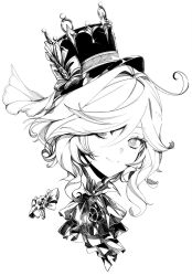 Rule 34 | 1girl, ahoge, ascot, bow, brooch, furina (genshin impact), genshin impact, greyscale, hat, highres, jewelry, lebruitestmoi, looking at viewer, monochrome, portrait, simple background, smile, solo, top hat, wavy hair