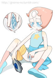 Rule 34 | 1girl, blush, breasts, brown hair, censored, colored skin, female masturbation, gnome-no, masturbation, miniskirt, mirror, pearl (steven universe), pussy, pussy juice, simple background, skirt, small breasts, solo, spread legs, spread pussy, steven universe, white background, white skin