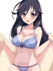 Rule 34 | 1girl, :d, ahoge, black eyes, black hair, blaze (blazeillust), blue bra, blue panties, blush, bra, breasts, cleavage, commentary, girls und panzer, highres, holding, holding towel, isuzu hana, large breasts, long hair, looking at viewer, navel, open mouth, panties, simple background, smile, solo, towel, underwear, underwear only, white background