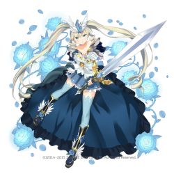 Rule 34 | 1girl, :t, bare shoulders, blonde hair, blue eyes, crown, dress, drill hair, head wings, kai-ri-sei million arthur, long hair, looking at viewer, million arthur (series), official art, pout, smile, solo, sword, thighhighs, twintails, ume (plumblossom), very long hair, weapon, wings