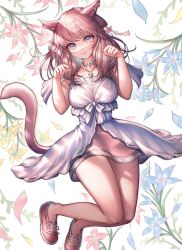 Rule 34 | 1girl, animal ears, warrior of light (ff14), bare legs, blue eyes, blush, breasts, cat ears, cat tail, choker, closed mouth, collarbone, commission, dress, final fantasy, final fantasy xiv, flower, full body, hands up, highres, jewelry, large breasts, long hair, looking at viewer, miqo&#039;te, mirukurim, necklace, paw pose, pink hair, pixiv commission, red footwear, resolution mismatch, shoes, smile, solo, source larger, tail, thighs, white dress