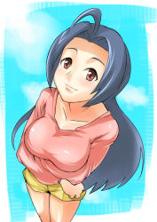 Rule 34 | 00s, 1girl, ahoge, baanin, blue background, blue hair, blush, breast hold, breasts, brown eyes, closed mouth, collarbone, cowboy shot, crossed arms, female focus, from above, idolmaster, idolmaster (classic), idolmaster 1, legs together, long hair, long sleeves, looking at viewer, looking up, medium breasts, miura azusa, pink sweater, shorts, smile, solo, standing, sweater, tareme, thighs, yellow shorts
