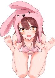 Rule 34 | 1girl, :d, animal hood, barefoot, blush, breasts, brown hair, cleavage, collarbone, dot nose, feet, from above, gluteal fold, highres, hood, idolmaster, idolmaster shiny colors, long hair, looking at viewer, minikon, open mouth, osaki tenka, rabbit hood, simple background, small breasts, smile, soles, thighs, toes, underwear, white background, yellow eyes