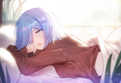 Rule 34 | 1girl, absurdres, blue eyes, blue hair, blush, breasts, commentary request, from side, gya (144), hair ornament, hair over one eye, highres, long sleeves, looking at viewer, lying, medium breasts, on stomach, open mouth, pajamas, re:zero kara hajimeru isekai seikatsu, red pajamas, rem (re:zero), short hair, solo, upper body, x hair ornament