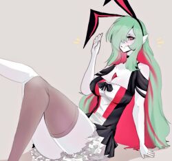 Rule 34 | animal ears, bare shoulders, breasts, candyroxxx0u0, choker, cleavage, creatures (company), dress, fake animal ears, frilled dress, frills, game freak, gardevoir, gen 3 pokemon, green hair, large breasts, long hair, looking at viewer, multicolored hair, nintendo, pink hair, pokemon, pokemon (creature), rabbit ears, red eyes, smile, sweatdrop, thick thighs, thighhighs, thighs, zettai ryouiki