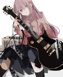 Rule 34 | 1girl, absurdres, black socks, blue eyes, bocchi the rock!, cable, cowlick, expressionless, feet out of frame, gotoh hitori, guitar, hair between eyes, hair over one eye, highres, holding, holding guitar, holding instrument, ichizokuro10, instrument, jacket, kneehighs, long hair, long sleeves, looking to the side, parted lips, pink hair, pink track suit, pleated skirt, shadow, simple background, sitting, skirt, socks, solo, very long hair, white background, wire
