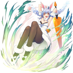 Rule 34 | 1girl, absurdres, animal ear fluff, animal ears, armpits, black bra, black gloves, blue hair, bow, bra, braid, breasts, brown pantyhose, carrot, detached sleeves, dress, fingerless gloves, floating hair, footwear bow, full body, gloves, hands up, highres, holding, holding weapon, hololive, jumping, looking at viewer, mikan (chipstar182), open mouth, pantyhose, puffy detached sleeves, puffy short sleeves, puffy sleeves, rabbit ears, red eyes, shoes, short sleeves, small breasts, solo, twin braids, underwear, usada pekora, usada pekora (1st costume), virtual youtuber, weapon, white bow, white dress, white footwear, white hair
