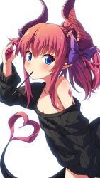 Rule 34 | 1girl, alternate hairstyle, arm up, bare shoulders, black sweater, blue eyes, blush, bow, breasts, casual, cleavage, commentary, cowboy shot, curled horns, dragon girl, dragon horns, dragon tail, elizabeth bathory (fate), elizabeth bathory (fate/extra ccc), fate/extra, fate/extra ccc, fate (series), food, food in mouth, hair between eyes, hair bow, high ponytail, highres, horns, long hair, long sleeves, mouth hold, no bra, off shoulder, pink hair, pocky, pocky in mouth, pointy ears, ponytail, purple bow, ribbed sweater, small breasts, solo, sweater, tail, textless version, two side up, ugume