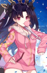 Rule 34 | 1girl, artist name, bad id, bad pixiv id, black bow, black hair, blush, bow, chewing gum, day, earrings, fate/grand order, fate (series), hair bow, hand on own hip, highres, hoop earrings, ishtar (fate), jacket, jewelry, long hair, looking at viewer, pink eyes, pink jacket, saika ryougi, solo, sparkle, standing, swimsuit, swimsuit under clothes, tohsaka rin, two side up