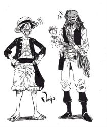 Rule 34 | 2boys, abs, age difference, beard, crossover, facial hair, grin, highres, jack sparrow, looking at another, monkey d. luffy, monochrome, multiple boys, muscular, mustache, nishiponi, oda eiichirou (style), official style, one piece, pectorals, pirate, pirates of the caribbean, scar, scar on chest, size difference, smile, tattoo, teeth