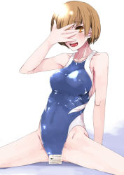 Rule 34 | 1girl, ankoku emu shougun, arm up, atlus, bad id, bad pixiv id, blush, breasts, brown eyes, brown hair, censored, competition swimsuit, convenient censoring, covering face, id card, medium breasts, one-piece swimsuit, open mouth, persona, persona 4, satonaka chie, short hair, smile, solo, spread legs, swimsuit