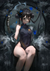 1girl absurdres black_dress black_hair blue_archive blue_halo blush breasts bug butterfly butterfly_hair_ornament china_dress chinese_clothes coat double_bun dragon_print dress greedice grey_coat grey_eyes hair_bun hair_ornament halo highres insect kisaki_(blue_archive) legs long_hair navel print_dress short_dress side_slit sitting sleeveless sleeveless_dress small_breasts solo stomach twintails