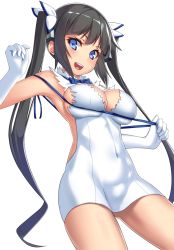 Rule 34 | 10s, 1girl, :d, black hair, blue eyes, breasts, cleavage, covered navel, dungeon ni deai wo motomeru no wa machigatteiru darou ka, gloves, hair ribbon, hestia (danmachi), highres, large breasts, long hair, open mouth, rei no himo, ribbon, simple background, smile, solo, takanashi-a, twintails, white background, white gloves