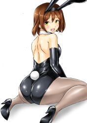 Rule 34 | 1girl, animal ears, ass, back, black leotard, black pantyhose, blush, bow, bowtie, brown eyes, brown hair, detached collar, elbow gloves, gloves, kantai collection, kudou (ooabareteng), leotard, looking at viewer, one-hour drawing challenge, open mouth, pantyhose, playboy bunny, rabbit ears, rabbit tail, short hair, simple background, smile, solo, strapless, strapless leotard, tail, tanikaze (kancolle), traditional bowtie, white background, wrist cuffs