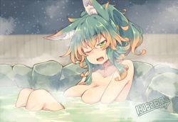 Rule 34 | 1girl, animal ear fluff, animal ears, blush, breasts, brown hair, collarbone, dated, fang, green eyes, green hair, kuromiya, kuromiya raika, large breasts, looking at viewer, multicolored hair, night, night sky, nude, one eye closed, onsen, open mouth, original, partially submerged, sky, solo, star (sky), starry sky, steam, two-tone hair, water