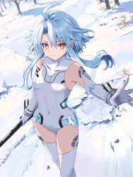 Rule 34 | 1girl, ahoge, bare shoulders, blue hair, boots, breasts, covered navel, detached wings, elbow gloves, gloves, hair between eyes, happy, heattech leotard, highres, leotard, light blue hair, long hair, looking at viewer, neptune (series), outdoors, power symbol, power symbol-shaped pupils, red eyes, short hair with long locks, sidelocks, skin tight, small breasts, smile, snow, solo, symbol-shaped pupils, thigh boots, thighhighs, tobi (mylifekei), turtleneck, white footwear, white gloves, white heart (neptunia), white leotard, wings