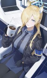 Rule 34 | 1girl, absurdres, animal ear fluff, animal ears, armband, asymmetrical bangs, black gloves, black jacket, blonde hair, blue archive, blue eyes, blue necktie, blue shirt, blue skirt, cjsdh1000, coffee mug, collared shirt, computer, cup, epaulettes, extra ears, from above, gloves, hair over one eye, halo, highres, holding, holding cup, indoors, jacket, kanna (blue archive), laptop, long hair, long sleeves, looking at viewer, mug, necktie, paper, parted lips, pen, pencil skirt, shirt, shirt tucked in, sitting, skirt, solo, tie clip