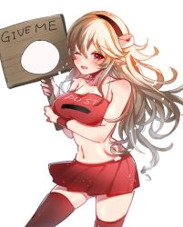 Rule 34 | 1girl, alternate costume, bare shoulders, black hairband, blonde hair, blush, breasts, cleavage, corrin (female) (fire emblem), corrin (fire emblem), fire emblem, fire emblem fates, hairband, holding, holding sign, large breasts, long hair, midriff, navel, nekolook, nintendo, one eye closed, open mouth, pointy ears, red eyes, red skirt, sign, simple background, skirt, solo, standing, thighhighs, white background, wristband, zettai ryouiki