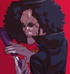 Rule 34 | 1boy, afro, black hair, brook (one piece), facial hair, from behind, glint, goatee stubble, holding, holding sheath, long sideburns, looking at viewer, looking back, male focus, one piece, round eyewear, scar, scar on face, scar on forehead, sheath, sideburns, smirk, solo, stitches, stubble, sunglasses, tomatop, umbrella sword, unsheathing