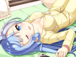 Rule 34 | 1girl, ;d, blue eyes, blue hair, breasts, cellphone, commentary request, frilled pillow, frills, long hair, looking at viewer, lying, medium breasts, ominaeshi (takenoko), on back, one eye closed, open mouth, original, pajamas, phone, pillow, polka dot, polka dot pajamas, smartphone, smile, solo, yellow pajamas