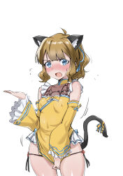 Rule 34 | 1girl, absurdres, ahoge, animal ear fluff, animal ears, bare shoulders, blue bow, blue eyes, blue ribbon, bow, bowtie, breasts, brown hair, cat ears, cat tail, china dress, chinese clothes, cleavage, collarbone, covered nipples, cowboy shot, detached sleeves, dot nose, dress, echihiro, embarrassed, fake animal ears, fake tail, flying sweatdrops, hair bow, hair ribbon, hand up, highres, idolmaster, idolmaster million live!, idolmaster million live! theater days, long sleeves, looking at viewer, miniskirt, motion lines, open mouth, ribbon, see-through, see-through cleavage, see-through dress, short hair, simple background, skirt, skirt hold, sleeveless, sleeveless dress, small breasts, solo, standing, suou momoko, tail, tail ornament, tail ribbon, thigh strap, v-shaped eyebrows, wavy hair, white background, wide sleeves, yellow bow, yellow bowtie, yellow dress, yellow ribbon, yellow sleeves