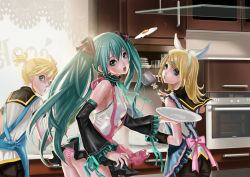 Rule 34 | 1boy, 2girls, apron, aqua eyes, aqua hair, blonde hair, blue eyes, bobo1983, detached sleeves, egg, hatsune miku, kagamine len, kagamine rin, kitchen, long hair, looking back, multiple girls, open mouth, oven, panties, plate, spatula, striped clothes, striped panties, twintails, underwear, very long hair, vocaloid