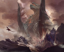 Rule 34 | 1other, ambiguous gender, artist name, bayard wu, cloud, cloudy sky, colossus, commentary, debris, dragon, english commentary, fantasy, flying, landscape, lightning, monster, mountain, open mouth, orange sky, original, outdoors, realistic, scenery, sharp teeth, sky, teeth, very wide shot, western dragon, wings