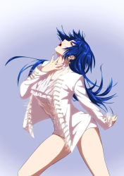 Rule 34 | absurdres, axia-chan, bare legs, blue hair, breasts, ciel (tsukihime), dancing, earrings, elesia, fingernails, head back, highleg shorts, highres, jacket, jewelry, legs, lips, long fingernails, long hair, medium breasts, nail polish, open clothes, open jacket, open mouth, red eyes, see-through, sharp fingernails, short shorts, shorts, solo, tassel, tsukihime, white jacket, white shorts