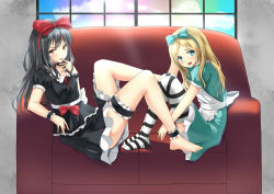 Rule 34 | 2girls, alexmaster, ankle cuffs, apron, backlighting, barefoot, black dress, black hair, blonde hair, bow, collar, collarbone, couch, dress, feet, green bow, hair bow, highres, long hair, looking at viewer, multiple girls, original, red bow, striped clothes, striped legwear, striped thighhighs, thigh strap, thighhighs, tongue, tongue out, white apron, wrist cuffs