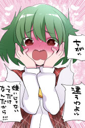 Rule 34 | 1girl, blush, commentary request, emphasis lines, full-face blush, green hair, hair between eyes, hammer (sunset beach), hands on own cheeks, hands on own face, heart, kazami yuuka, long sleeves, looking at viewer, open mouth, pink background, plaid, plaid vest, puffy long sleeves, puffy sleeves, red eyes, screaming, short hair, simple background, solo, straight-on, tearing up, touhou, translation request, upper body, vest