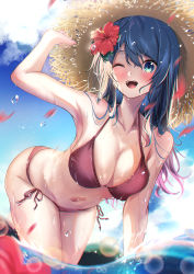 Rule 34 | 1girl, :d, absurdres, all fours, bare shoulders, bikini, blue eyes, blue hair, blue sky, breasts, cleavage, cloud, collarbone, commentary request, day, flower, gradient hair, hair between eyes, hair flower, hair ornament, halterneck, hand on headwear, hat, highres, huge filesize, komupi, lens flare, long hair, medium breasts, multicolored hair, navel, ocean, one eye closed, open mouth, original, outdoors, partially submerged, petals, purple bikini, purple hair, side-tie bikini bottom, sky, smile, solo, straw hat, swimsuit, thighs, water drop, wet