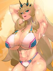 Rule 34 | 1girl, abs, armpits, arms behind head, arms up, bare shoulders, barghest (fate), barghest (swimsuit archer) (fate), biceps, bikini, blonde hair, breasts, cleavage, collarbone, fate/grand order, fate (series), green eyes, highres, horns, huge breasts, koshian manjuu, long hair, looking at viewer, multicolored bikini, multicolored clothes, muscular, muscular female, navel, open mouth, orange sky, sky, smile, solo, sparkle, swimsuit, thick thighs, thighs, twilight, very long hair, wet, white bikini