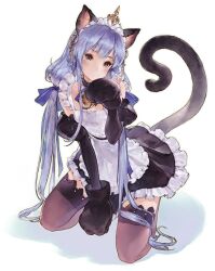 Rule 34 | 1girl, absurdres, animal ears, animal hands, apron, bell, black gloves, black skirt, black tail, black thighhighs, blue ribbon, breasts, cat ears, cat girl, cat tail, closed mouth, elbow gloves, frilled apron, frilled skirt, frills, full body, gloves, grey eyes, hair ornament, hair ribbon, hand up, highres, jingle bell, kneeling, leaning forward, long hair, looking at viewer, maid, maid apron, maid headdress, neck bell, neck ribbon, original, paw gloves, paw pose, ribbon, sidelocks, skirt, small breasts, solo, tail, thighhighs, twintails, very long hair, wave 61, white apron, white background, white headdress