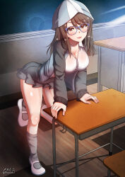 Rule 34 | 1girl, ass, bent over, blush, breasts, brown eyes, brown hair, classroom, cleavage, collarbone, girls und panzer, glasses, grey skirt, highres, jacket, keizoku military uniform, large breasts, long hair, looking at viewer, megadeko, mika (girls und panzer), military, military uniform, miniskirt, navel, shiny skin, skirt, smile, solo, track jacket, uniform