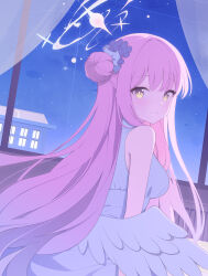 Rule 34 | 1girl, absurdres, bare shoulders, blue archive, cloud, commentary request, curtains, dress, feathered wings, flower, hair bun, hair flower, hair ornament, halo, highres, indoors, jyt, long hair, looking at viewer, looking back, low wings, mika (blue archive), night, night sky, pink hair, purple flower, single side bun, sky, sleeveless, sleeveless dress, smile, solo, star (sky), starry sky, very long hair, white dress, white wings, window, wings, yellow eyes